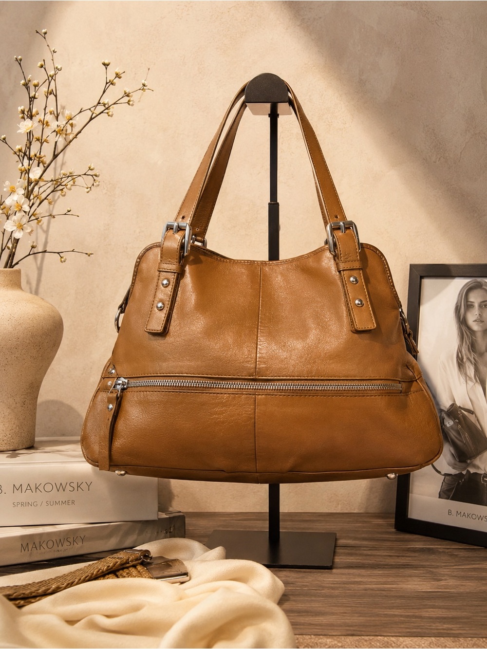 b. makowsky Tan Leather Shoulder Tote with Front Zip